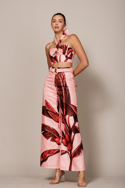 TROPICAL PRINT PANT AND HALTER TOP SET