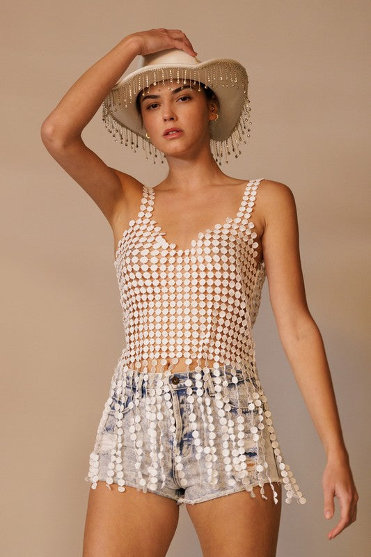 SLEEVELESS CROCHET TOP WITH CONFETTI FRINGE HEM - IVORY