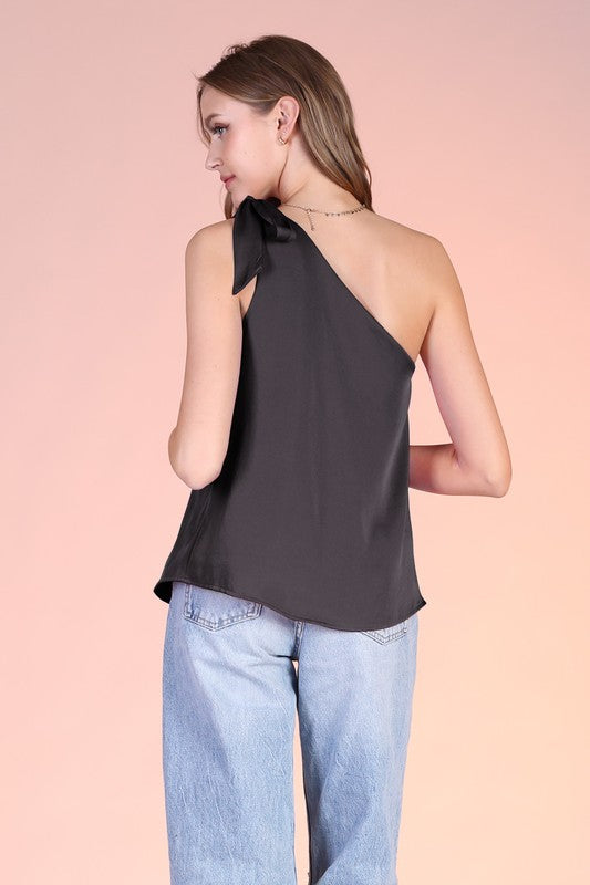 Poly Silk One Shoulder Tie Top - Black