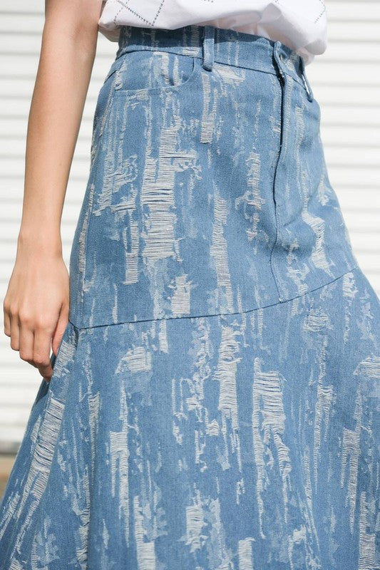 DISTRESSED DENIM CROP TOP AND SKIRT SET