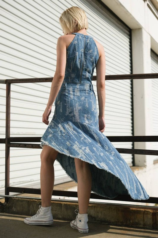 DISTRESSED DENIM CROP TOP AND SKIRT SET