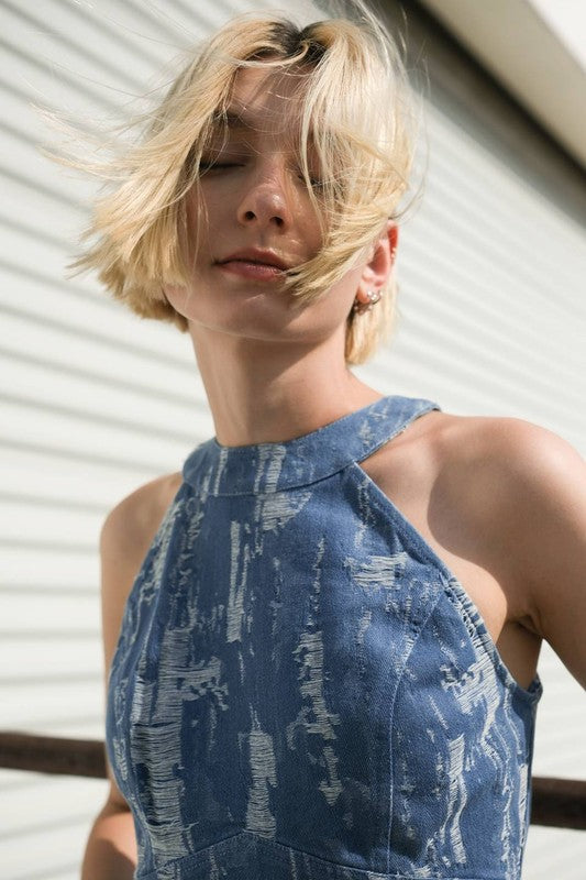 DISTRESSED DENIM CROP TOP AND SKIRT SET