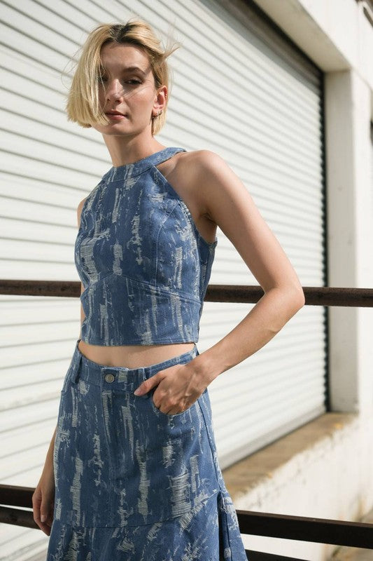 DISTRESSED DENIM CROP TOP AND SKIRT SET