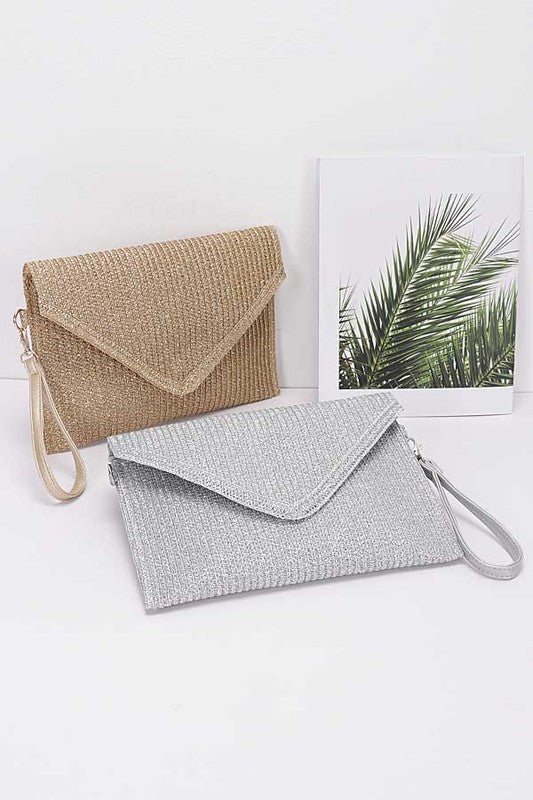 Metallic Faux Straw Multi Flowers Envelope Clutch - Silver