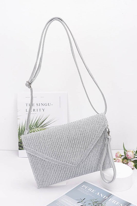 Metallic Faux Straw Multi Flowers Envelope Clutch - Silver