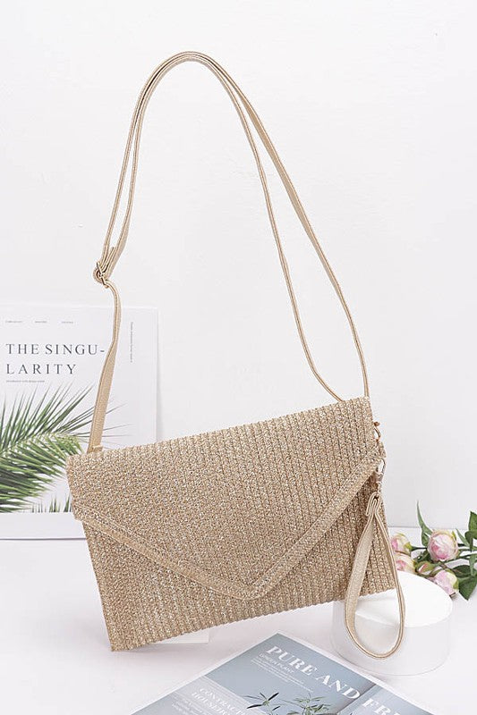 Metallic Faux Straw Multi Flowers Envelope Clutch - Gold