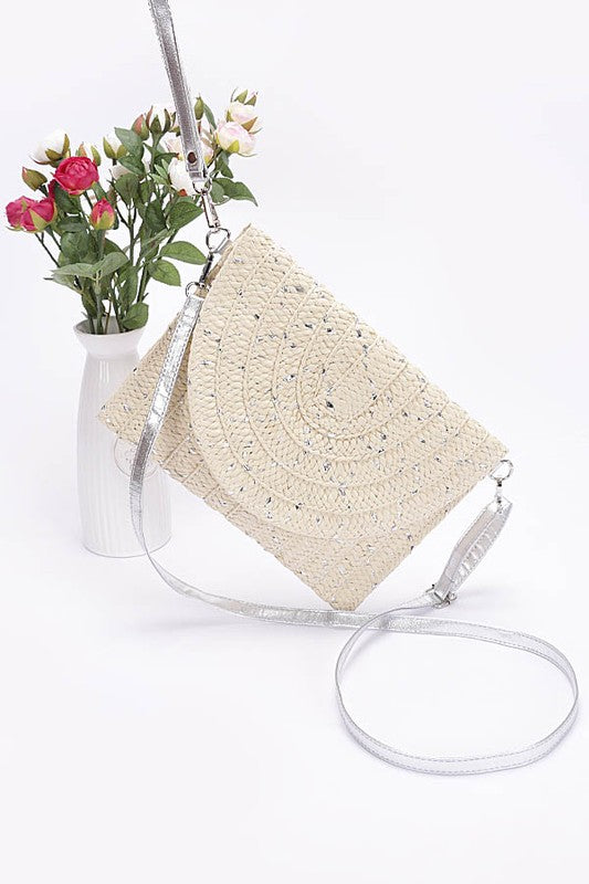 Metallic Faux Straw Envelope Clutch - Silver