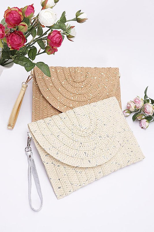 Metallic Faux Straw Envelope Clutch - Silver