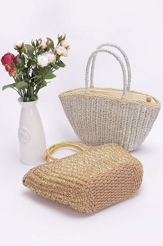 Faux Straw Sunshine Tote - Silver