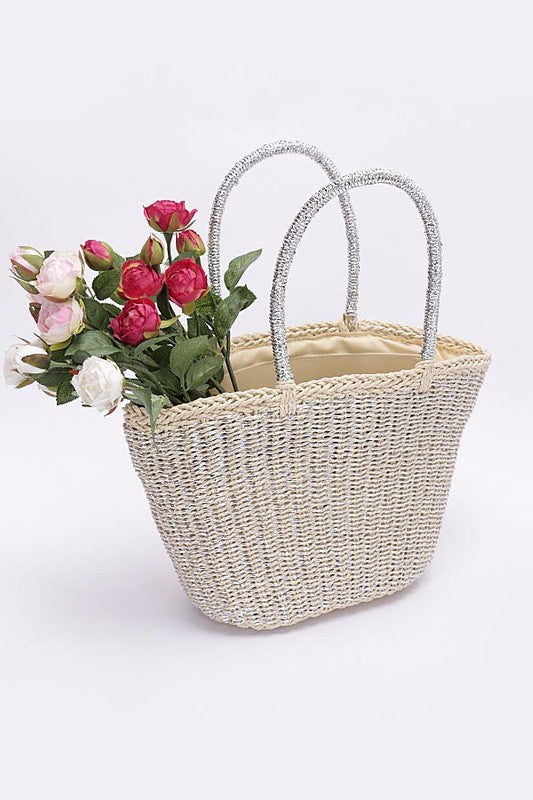 Faux Straw Sunshine Tote - Silver