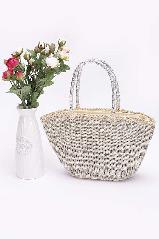 Faux Straw Sunshine Tote - Silver