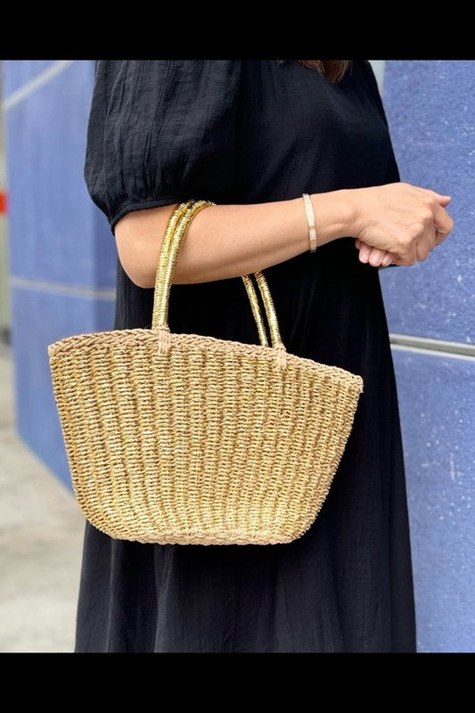 Faux Straw Sunshine Tote - Gold