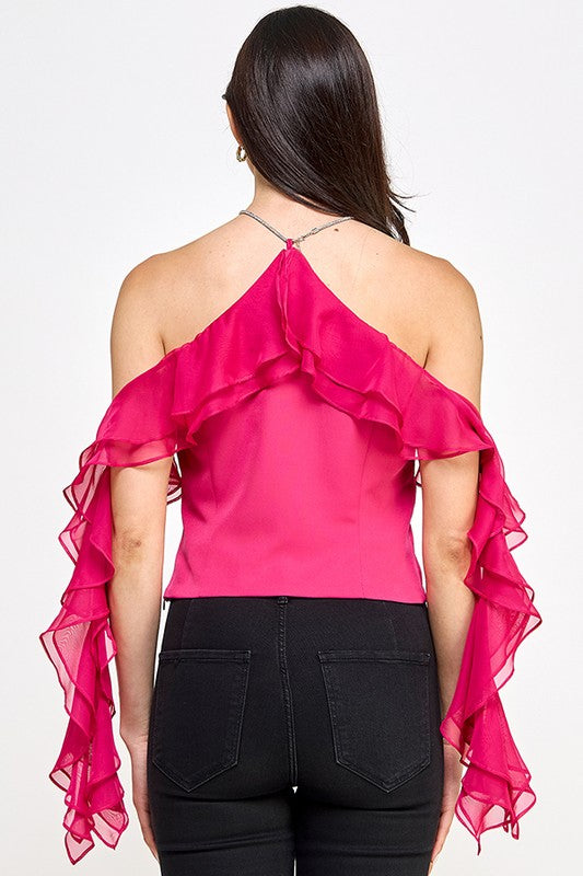 Ruffle Layer Sleeve Trim Strap Top - Black