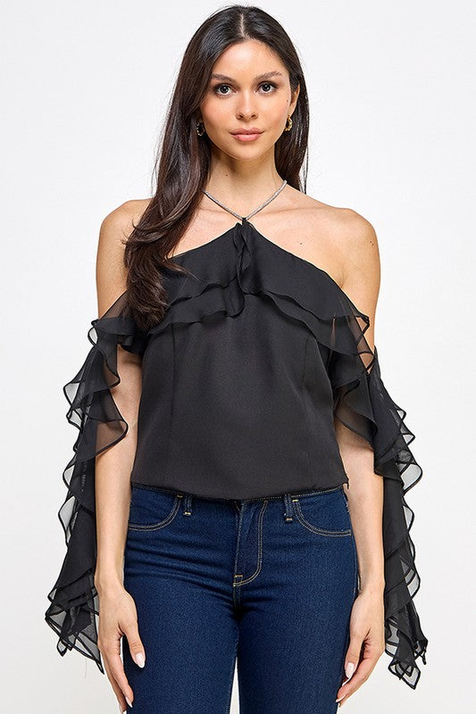 RUFFLE LAYER SLEEVE TRIM STRAP TOP