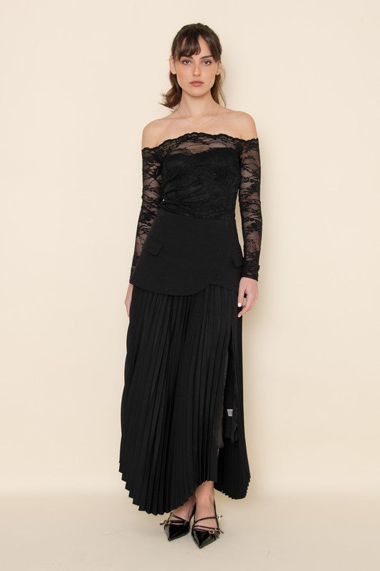 CHIC ELEGANT ASYMMETRIC PLEATED SLIT SULT SKIRT - BLACK