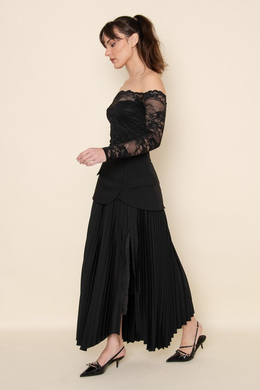 CHIC ELEGANT ASYMMETRIC PLEATED SLIT SULT SKIRT - BLACK