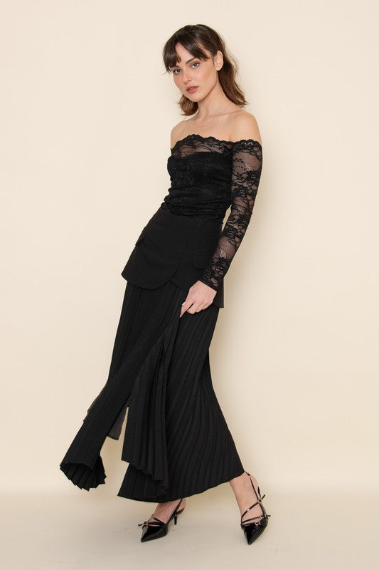 CHIC ELEGANT ASYMMETRIC PLEATED SLIT SULT SKIRT - BLACK