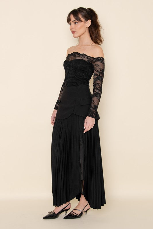 CHIC ELEGANT ASYMMETRIC PLEATED SLIT SULT SKIRT - BLACK