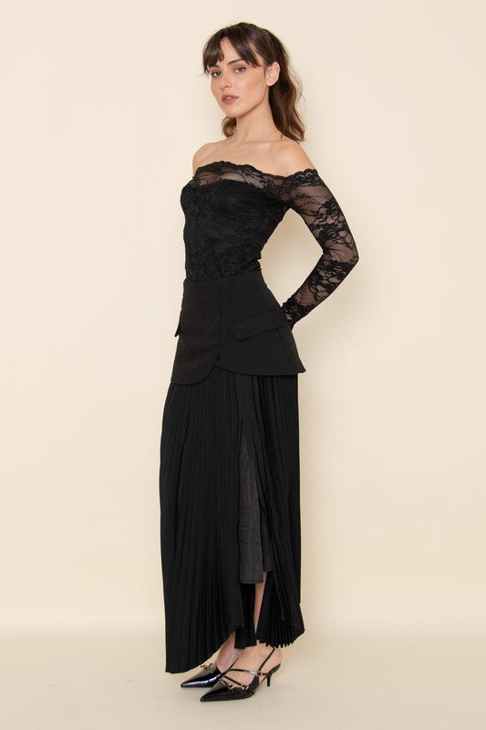 CHIC ELEGANT ASYMMETRIC PLEATED SLIT SULT SKIRT - BLACK