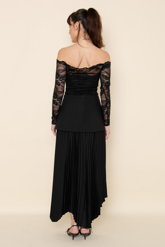 CHIC ELEGANT ASYMMETRIC PLEATED SLIT SULT SKIRT - BLACK