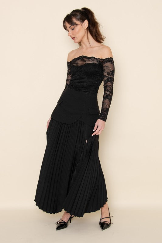 CHIC ELEGANT ASYMMETRIC PLEATED SLIT SULT SKIRT - BLACK