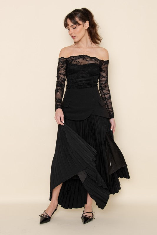 CHIC ELEGANT ASYMMETRIC PLEATED SLIT SULT SKIRT - BLACK