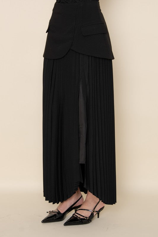 CHIC ELEGANT ASYMMETRIC PLEATED SLIT SULT SKIRT - BLACK