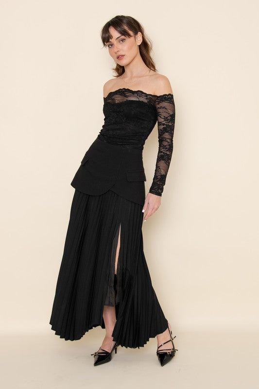 CHIC ELEGANT ASYMMETRIC PLEATED SLIT SULT SKIRT - BLACK