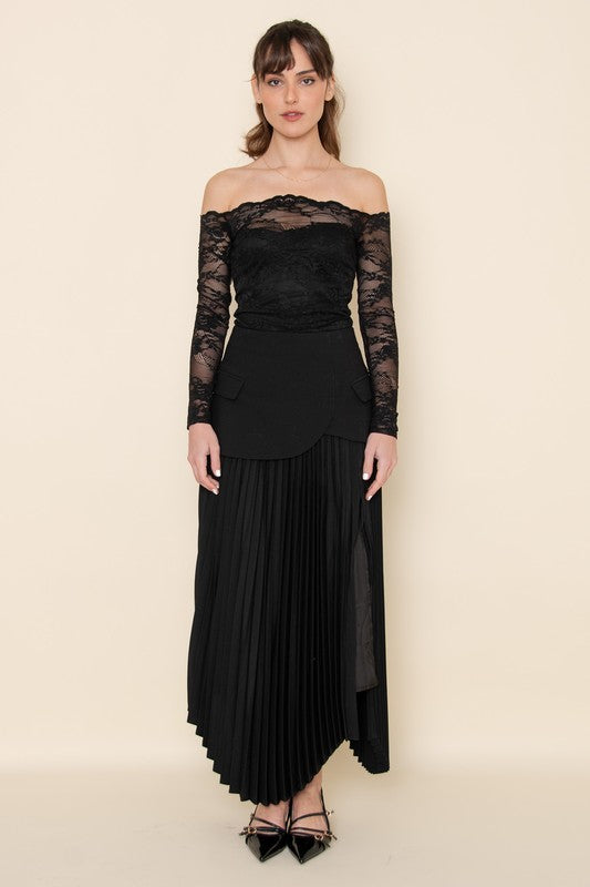 CHIC ELEGANT ASYMMETRIC PLEATED SLIT SULT SKIRT - BLACK