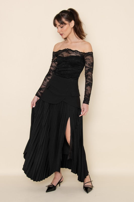 CHIC ELEGANT ASYMMETRIC PLEATED SLIT SULT SKIRT - BLACK