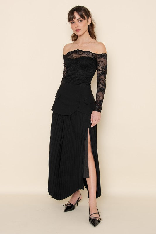 CHIC ELEGANT ASYMMETRIC PLEATED SLIT SULT SKIRT - BLACK
