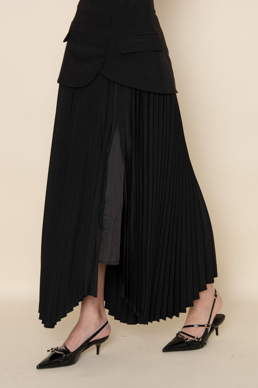 CHIC ELEGANT ASYMMETRIC PLEATED SLIT SULT SKIRT - BLACK