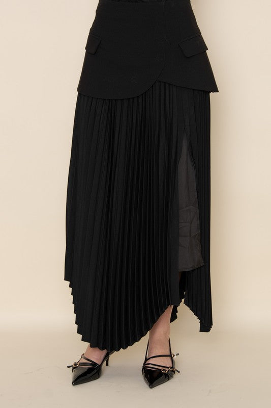 CHIC ELEGANT ASYMMETRIC PLEATED SLIT SULT SKIRT - BLACK