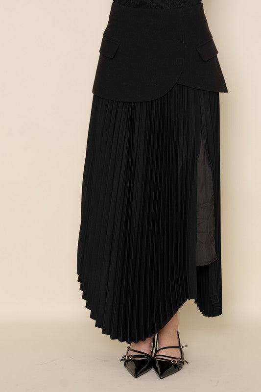 CHIC ELEGANT ASYMMETRIC PLEATED SLIT SULT SKIRT - BLACK