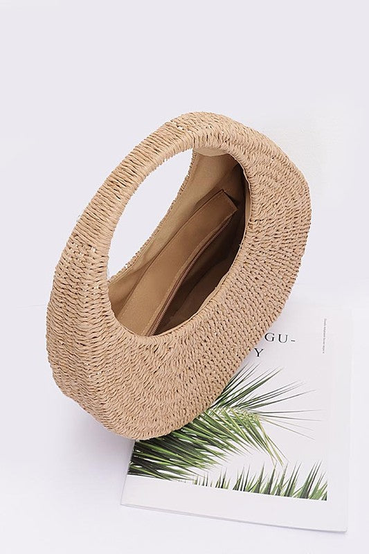 FAUX STRAW HARD HOBO BAG - BEIGE