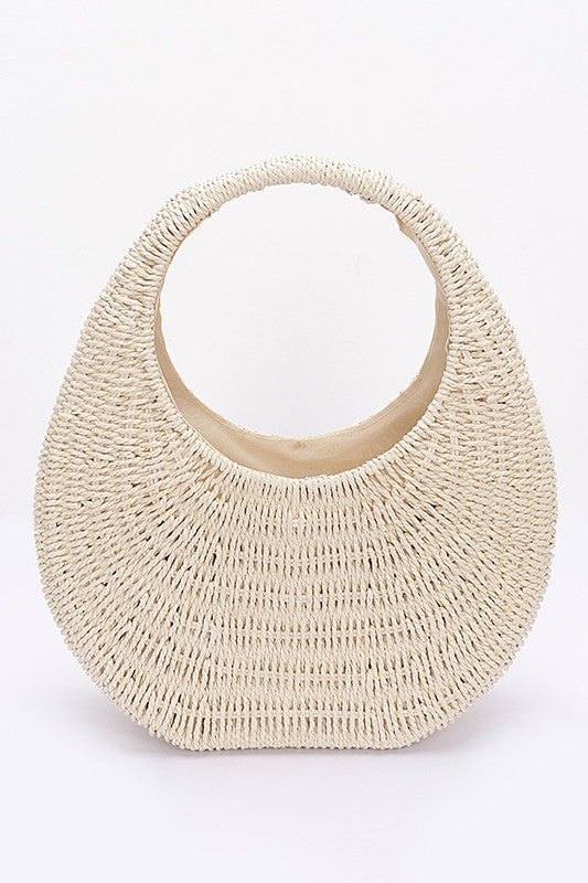 FAUX STRAW HARD HOBO BAG - BEIGE