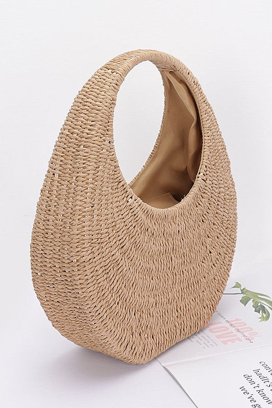 FAUX STRAW HARD HOBO BAG - BEIGE
