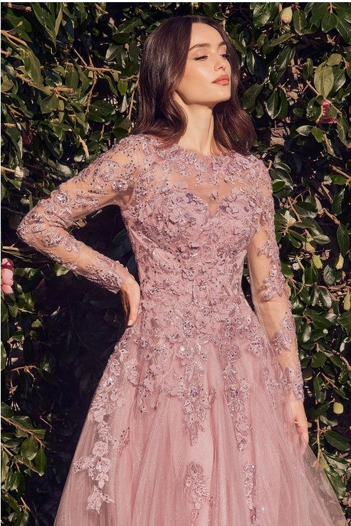 LACE LAYERED TULLE LONG SLEEVE GOWN - DUSTY ROSE
