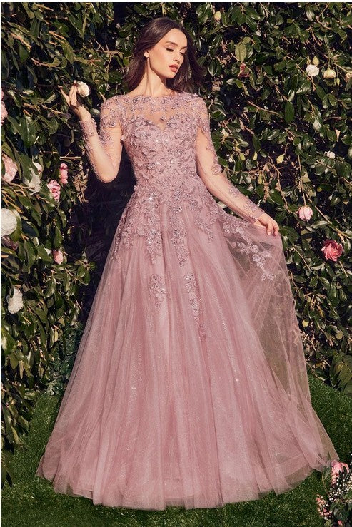 LACE LAYERED TULLE LONG SLEEVE GOWN - DUSTY ROSE