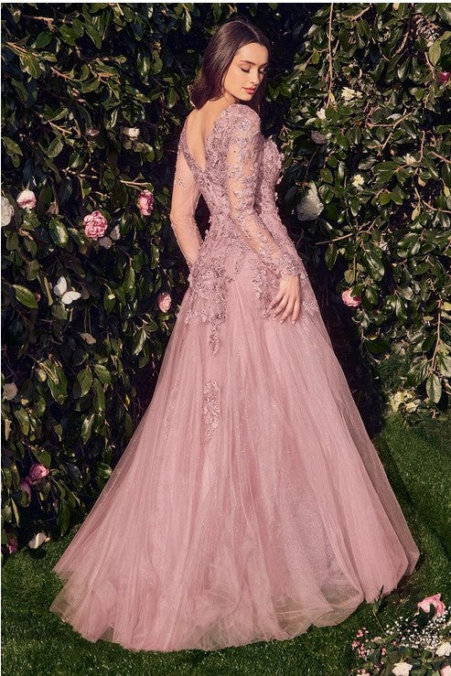 LACE LAYERED TULLE LONG SLEEVE GOWN - DUSTY ROSE