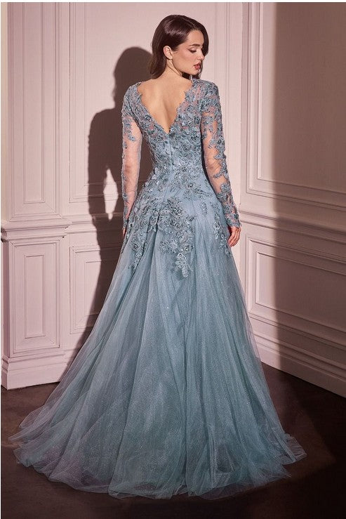 LACE LAYERED TULLE LONG SLEEVE GOWN - DUSTY BLUE
