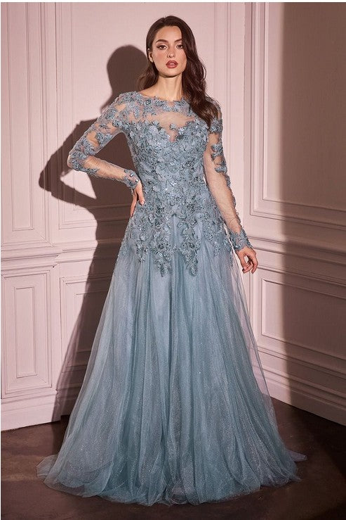 LACE LAYERED TULLE LONG SLEEVE GOWN - DUSTY BLUE