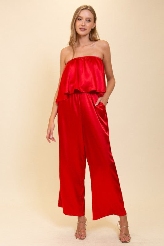 Strapless Satin Jumpsuit - Red