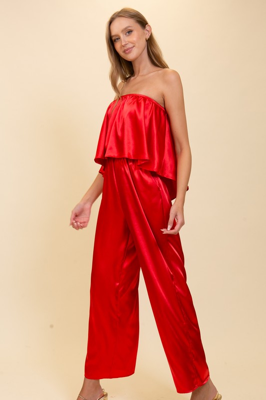Strapless Satin Jumpsuit - Red