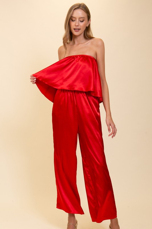 Strapless Satin Jumpsuit - Red