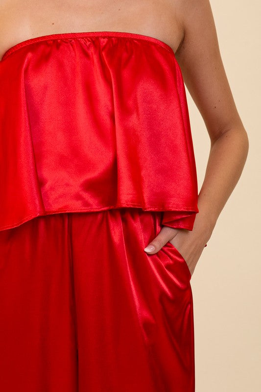 Strapless Satin Jumpsuit - Red
