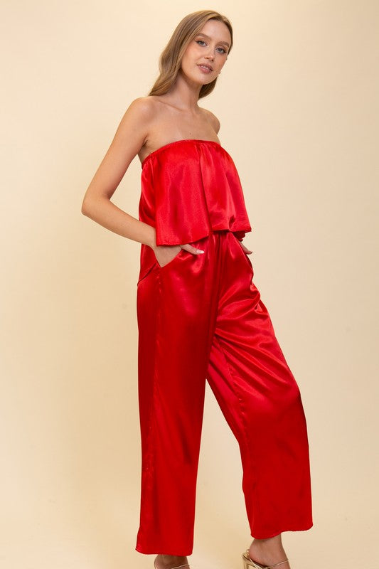 Strapless Satin Jumpsuit - Red