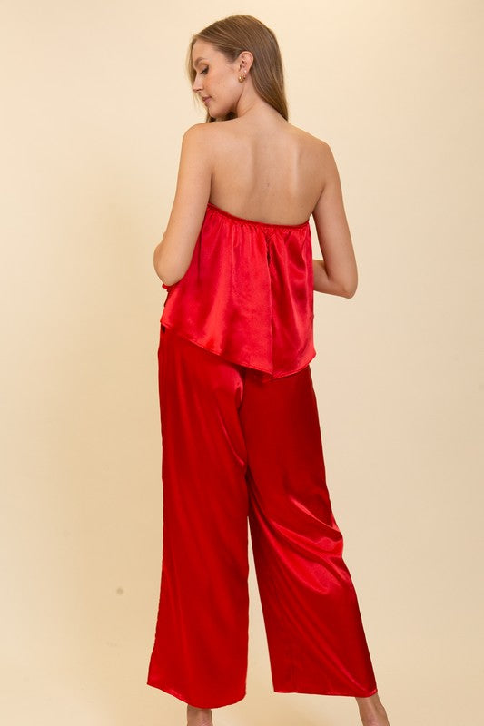 Strapless Satin Jumpsuit - Red