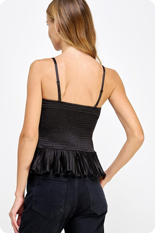 Pleated Satin Ruffled Top - Black