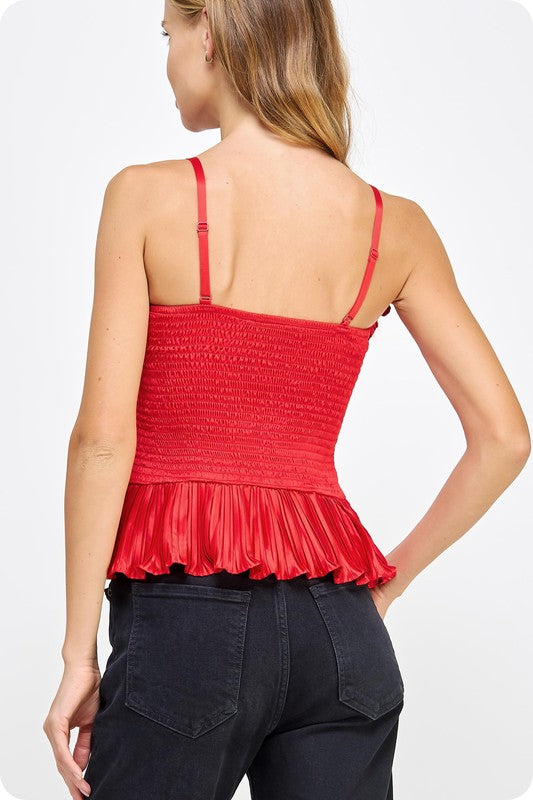 Pleated Satin Ruffled Top - Red